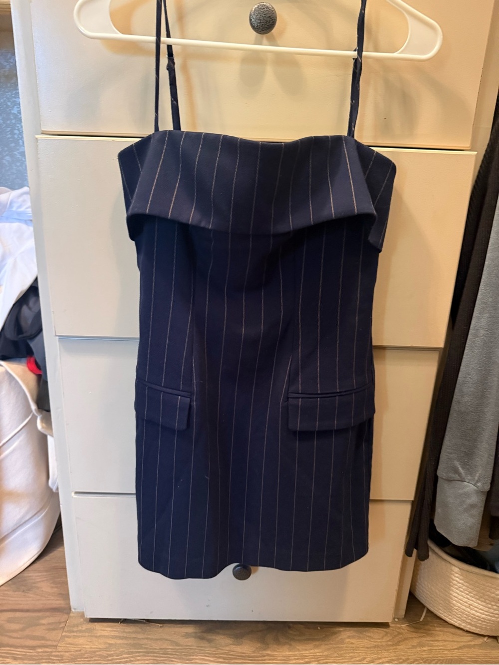 Lovers + Friends Navy Pinstripe Fold-Over Mini Dress